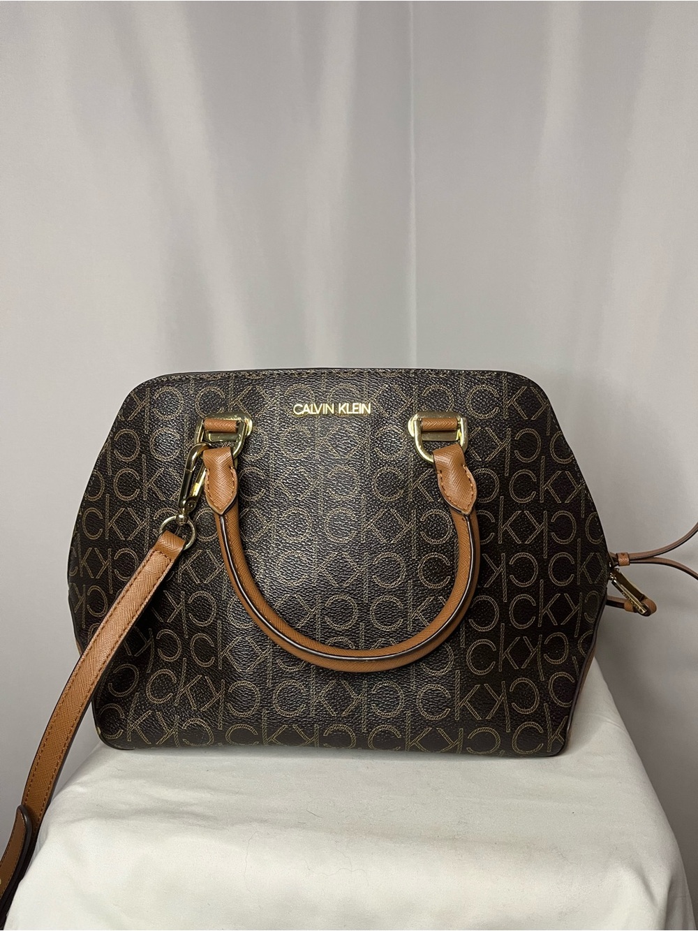 Calvin Klein Dark Brown Signature Satchel with Tan Trim